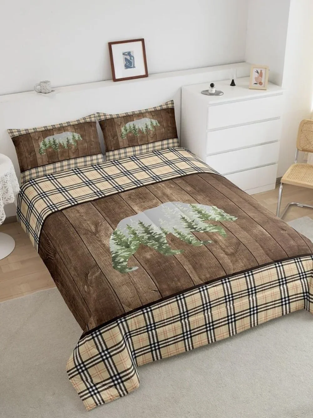 Bear Cabin Comforter Set Vintage Plaid Brown Wooden Stripes Bedding Set for Kids